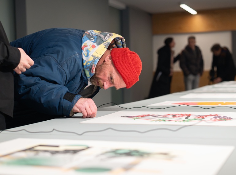 Opening of the pop-up exhibition Riso Paradiso: “Sedmina” within the Grey Area project in the mezzanine of Cukrarna Gallery (MGML/SLO), 17 December 2024.