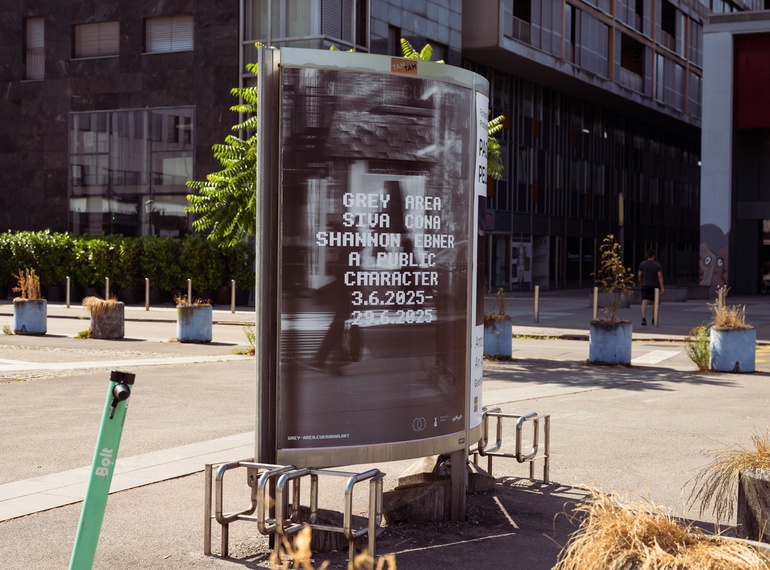 Poster for Shannon Ebner: “A PUBLIC CHARACTER” as part of the project “Grey Area” at Cukrarna Gallery (MGML/SLO), June 2025.