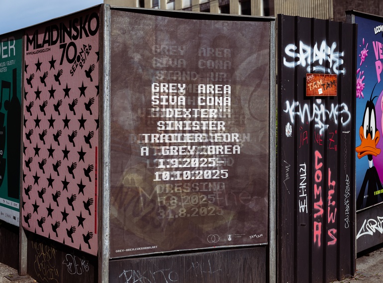 Poster for Dexter Sinister: “TRAILER FOR A GREY AREA” as part of the project “Grey Area” at Cukrarna Gallery (MGML/SLO), September 2025.