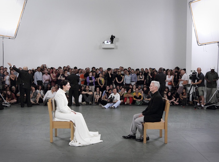 Marina Abramović: "The Artist Is Present", Museum of Modern Art, New York, 2010. Marina Abramović with the final sitter, Klaus Biesenbach, curator of the exhibition.