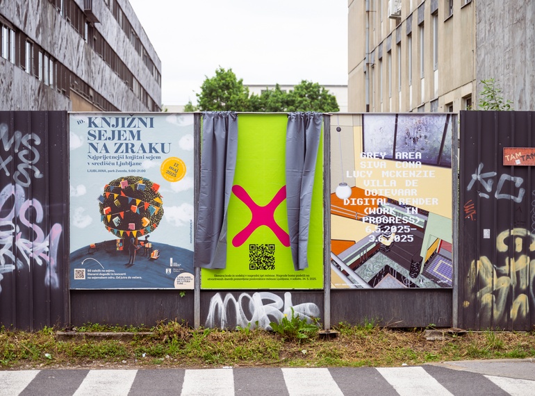 Poster for Lucy McKenzie: “VILLA DE OOIEVAAR DIGITAL RENDER (WORK IN PROGRESS)” as part of the project “Grey Area” at Cukrarna Gallery (MGML/SLO), May 2025.