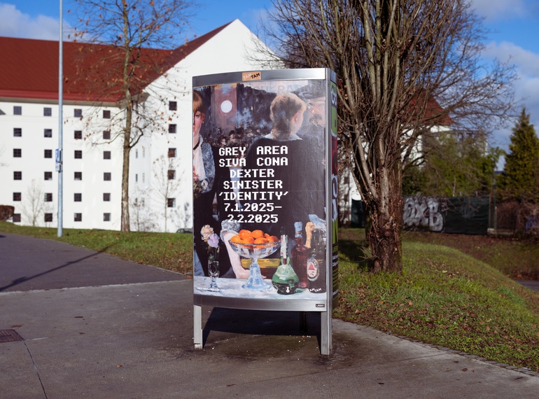 Poster for Dexter Sinister: “IDENTITY” as part of the project “Grey Area” at Cukrarna Gallery (MGML/SLO), January 2025.