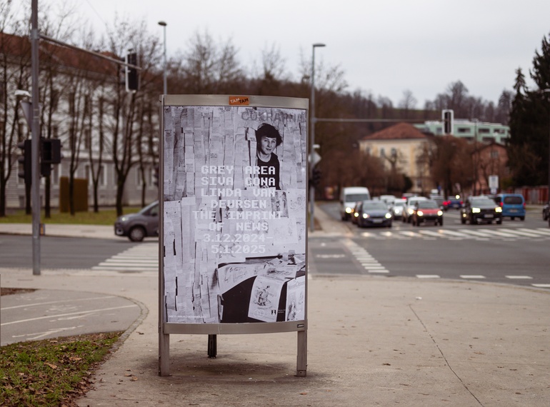 Poster for Linda van Deursen: “THE IMPRINT OF NEWS – A VISUAL NEWS” as part of the project “Grey Area” at Cukrarna Gallery (MGML/SLO), December 2024.