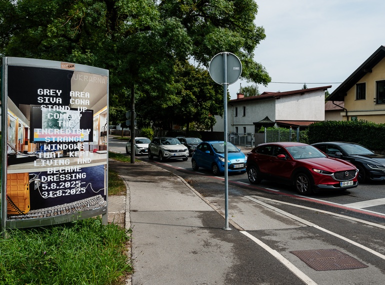 Poster for Stand Up Comedy: “THE INCREDIBLY STRANGE WINDOWS THAT KEPT LIVING AND BECAME DRESSING” as part of the project “Grey Area” at Cukrarna Gallery (MGML/SLO), August 2025.