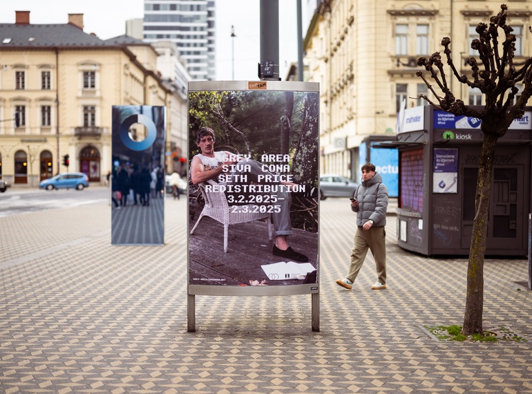 Poster for Seth Price: “REDISTRIBUTION” as part of the project “Grey Area” at Cukrarna Gallery (MGML/SLO), February 2025.